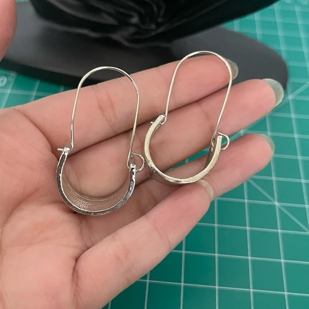 Hammered Silver Long Oval Silver Tone Hoop Earrings